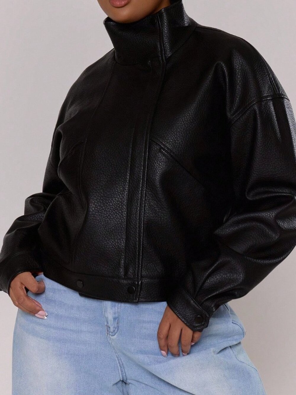 Black Casual Women's Plus High Neck Faux Leather Waist Drop Zip-Through Jacket